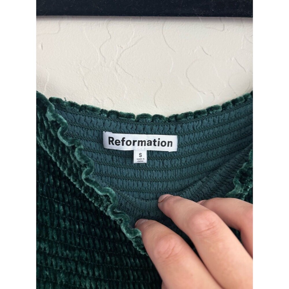 Reformation Albi Velvet Mini Dress Emerald Green Smocked Puff Sleeve Small - Picture 4 of 8